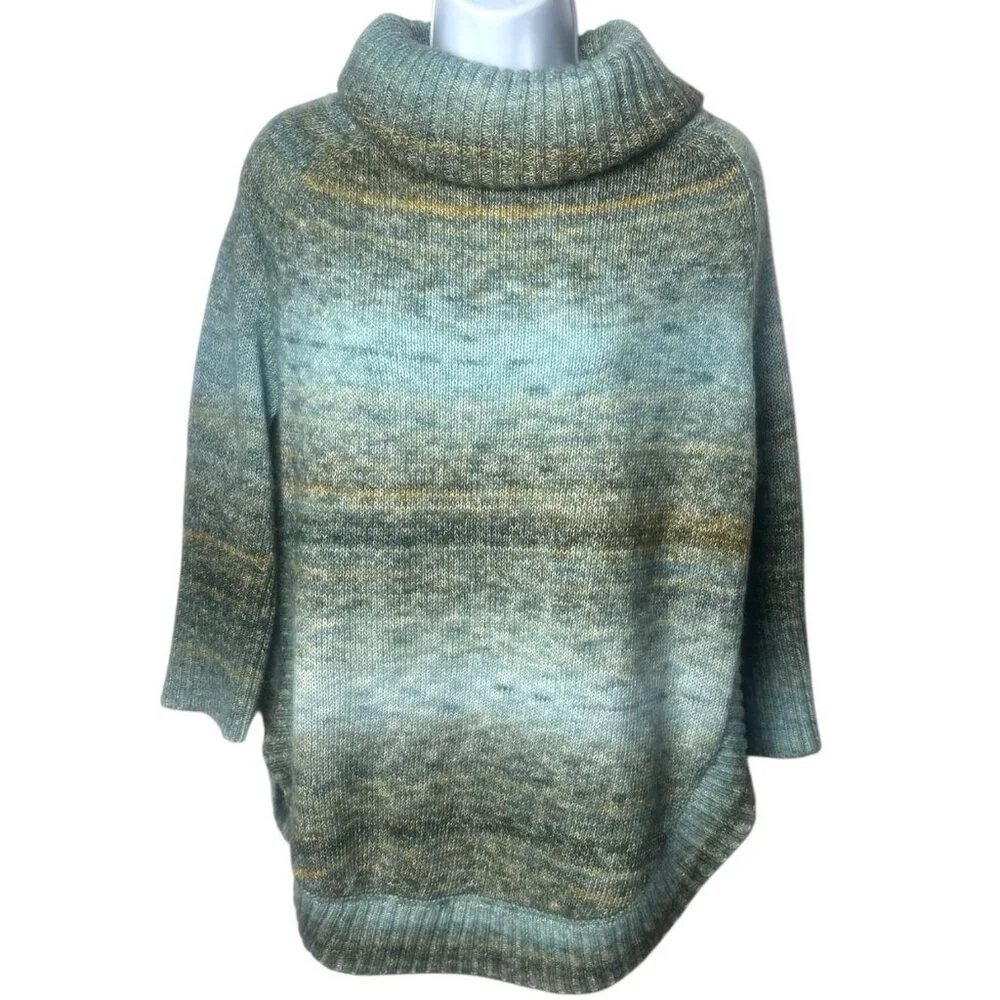 Ponsesa Blue Green Watercolor Knit‎ Turtleneck Wool Blend Cozy Holiday Cabin M